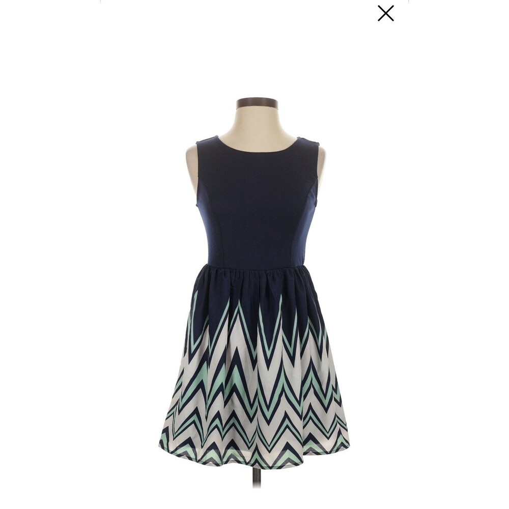 "Xhilaration" Navy Turquoise White Fit & Flare Sleeveless Knit Dress Medium